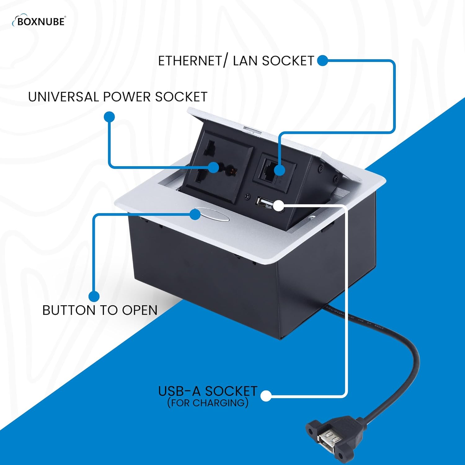 BOXNUBE Hydraulic Pop UP Box Cable Cubby Square Extension Board with 1 x Universal Power Sockets, 1 x Ethernet/LAN, 1 x USB Type A Ports BOXNUBE Hydraulic Pop UP Box Cable Cubby Square Extension Board with 1 x Universal Power Sockets, 1 x Ethernet/LAN, 1 x USB Type A Ports